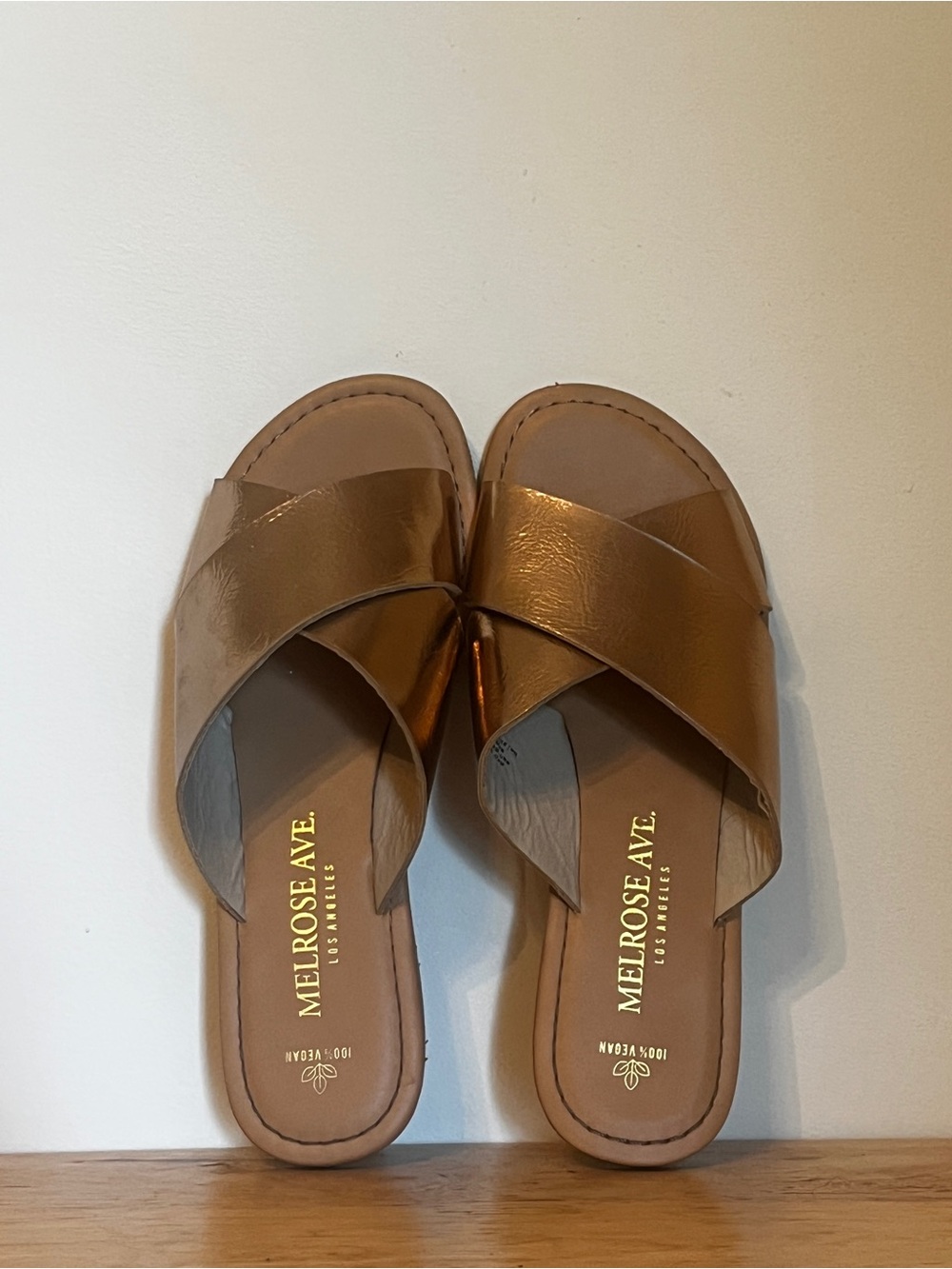Melrose Ave. Metallic Tan Crossband Slide Sandals